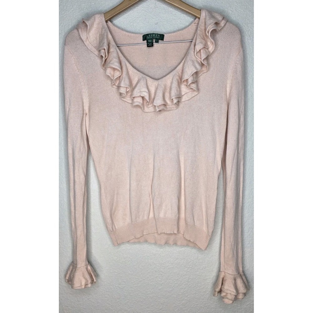 Lauren Ralph Lauren Pink Silk Cashmere Ruffle Neck Sweater Top Women L Bell Cuff